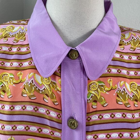 NEW Bob Mackie Womens Plus 1X Wearable Art Silk Button Up Shirt Elephant Print - Picture 2 of 12